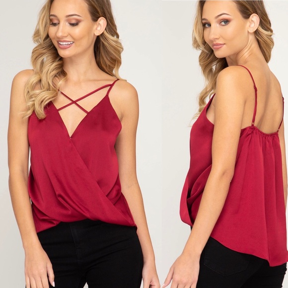 She and Sky Tops - Red Satin Cami Top